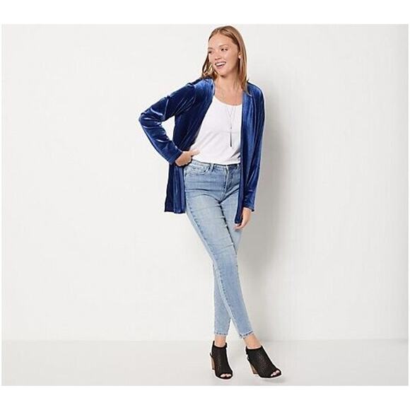 QUACKER FACTORY NEW $63 Velvet Stretch Drape Front Cardigan Light Navy Large - Picture 1 of 3